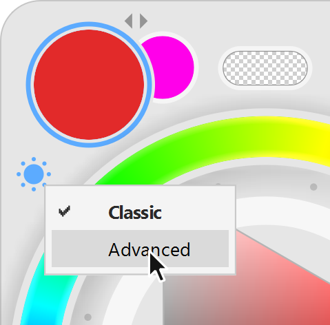 iromote's lock button with its menu open: Classic is checked, the pointer is on Advanced